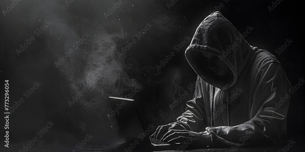 Poster hooded hacker shrouded in mystery coding in the shadows of secrecy