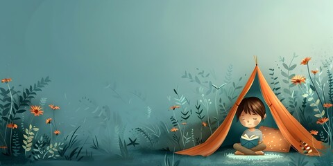 A whimsical and enchanting scene depicts a small cozy canopy character nestled in a tent - obrazy, fototapety, plakaty