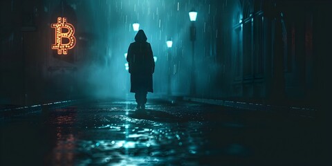 a shadowy figure walking down a dimly lit rain-soaked alley in an urban cyberpunk-inspired setting Neon - obrazy, fototapety, plakaty