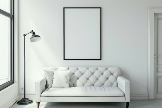 loft style, room, sofa, white wall, floor lamp, frame with a white picture on the wall,