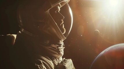 The lonely astronaut's portrait is positioned on the left side of the frame. - obrazy, fototapety, plakaty