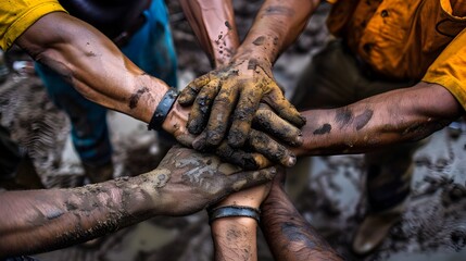 Stacked Hands of Hardworking Laborers Showcasing Strength and Solidarity on a Construction Site
