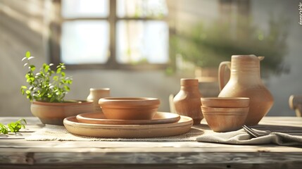 Fototapeta na wymiar Handcrafted Clay Kitchenware on a Rustic Wooden Table - A Cozy and Inviting Farmhouse-Inspired Still Life