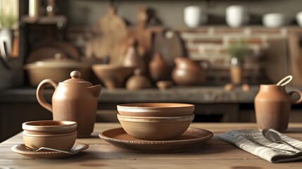 Handcrafted Clay Kitchenware Arranged on a Rustic Wooden Table,Showcasing the Warmth and Charm of Artisanal Pottery