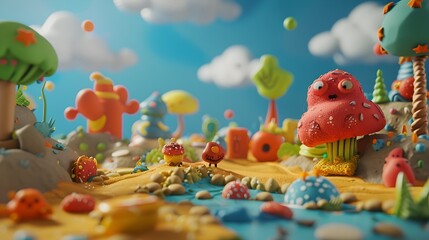 Fototapeta na wymiar Whimsical Clay Animation Scene with Playful Characters in Colorful Fantasy Landscape