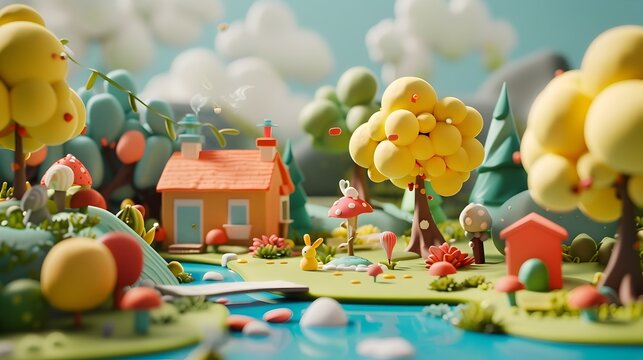 Enchanting Claymation-Style 3D Landscape with Playful Miniature Figures in a Whimsical Natural Setting
