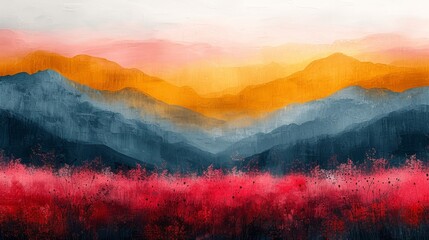   A mountain range painting with foreground in red, yellow, and blue, background in white - obrazy, fototapety, plakaty