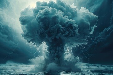Nuclear explosions mushroom cloud, hyperrealistic shockwaves rippling through the air