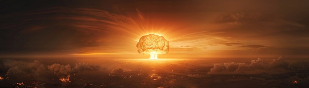 Hyperrealistic nuclear mushroom cloud illuminated by the explosions fireball