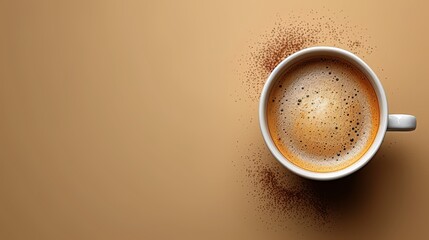   A tight shot of a brown mug filled with coffee, topped generously with brown sprinkles against a dark background