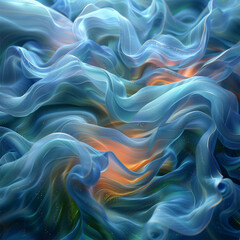 Obraz premium Abstract digital art of flowing, ethereal shapes in soft blues and greens against a deep blue background.