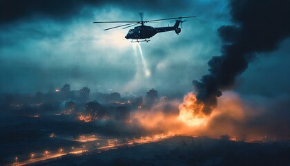 Helicopter flies over a war zone.