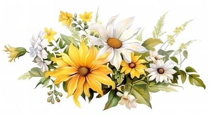 Watercolor Bouquet of Daisy and Sunflower Flowers