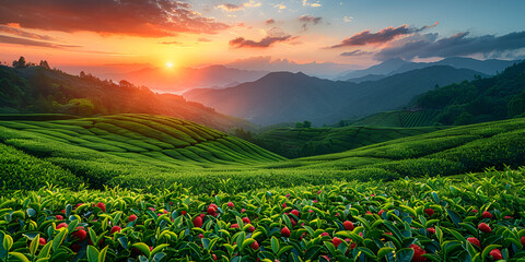 landscape of Tea plantation valley in sunset. sunrise time Tea Plantation at Sunrise in Chiang Rai Province.
 - obrazy, fototapety, plakaty