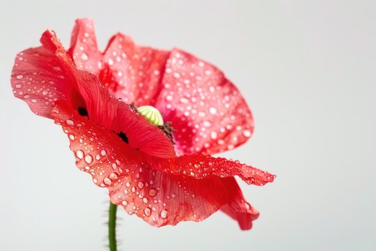 a blooming red poppy flower with dew drops Isolated on white background