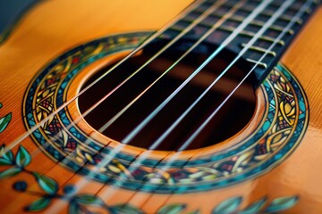Obraz premium view of guitar strings and sound hole