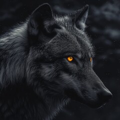   A wolf's face, tightly framed against a dark backdrop, gleams with amber eyes illuminated by yellow light