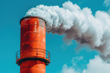 Fumée et pollution qui sort de la cheminée d'une usine - fumée blanche qui sort d'une cheminée orange sur un ciel bleu - obrazy, fototapety, plakaty