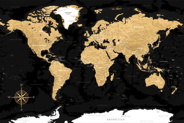 World Map - Highly Detailed Vector Map of the World. Ideally for the Print Posters. Black Golden Retro Style. With Relief and Depth - obrazy, fototapety, plakaty