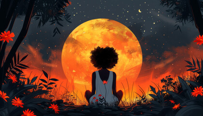 Whimsical minimalist illustration: Woman, success, mysticism - flowers, butterflies, moon, stars.generative ai