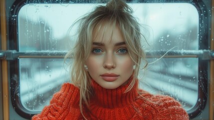   A woman in a red sweater gazes out of the window, her golden locks framing her face as rain cascades down - obrazy, fototapety, plakaty