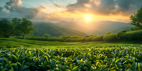 Tea Plantation landscape with beautiful day and sky Landscape image, tea plantation in the morning light.
 - obrazy, fototapety, plakaty