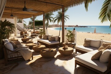 Fototapeta premium the beach club area full of bungalows made out of bamboos inspiration ideas