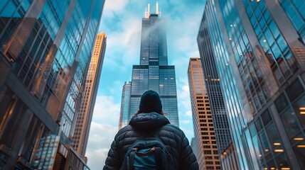 Contemplative Wander Amid the Towering Skyscrapers of Chicago's Iconic Downtown Skyline
