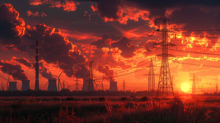 Sunset view of industrial power lines and cooling towers against a dramatic red sky - Powered by Adobe