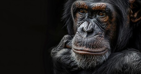 Naklejka premium Pensive chimpanzee, deep in thought, detailed facial expressions, close-up.