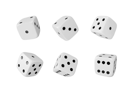 Realistic game dice 3d vector set, white cube with random numbers of black dots, gambling casino games and board games