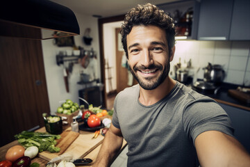 AI generated image of handsome man cooking and eating healthy organic vegetarian food - Powered by Adobe
