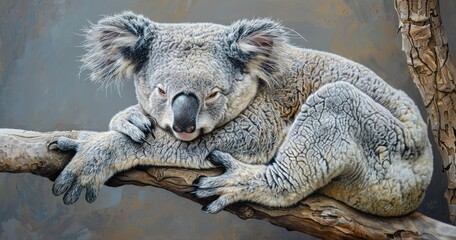 Wistful koala, clinging to a branch, peaceful expression, detailed fur texture.  - obrazy, fototapety, plakaty