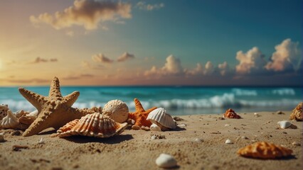Fototapeta na wymiar Seaside Serenity Panoramic Summer Beach with Seashells and Starfish