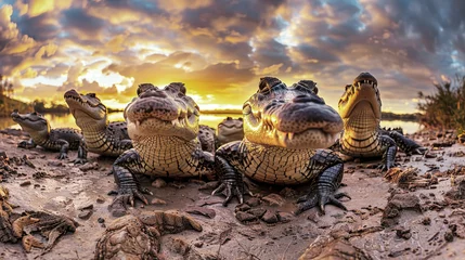 Muurstickers A group of crocodiles basking on a sandy beach, soaking up the sun and blending into their surroundings © Anoo