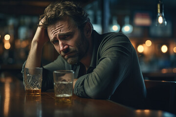AI generated portrait of depressed tired man sitting at desk with alcoholic drink looking tired and sad - obrazy, fototapety, plakaty