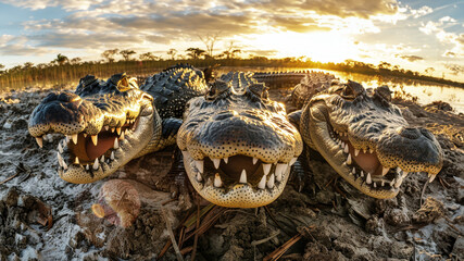 A group of alligators displaying their menacing jaws while basking in the sun - Powered by Adobe