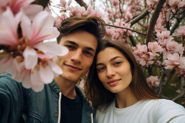 Obraz premium Happy people enjoying beautiful spring day park trees blossom city view Generative AI illustration