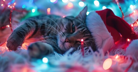 Cat with a Santa hat, cozy amidst Christmas lights, winter holiday spirit.