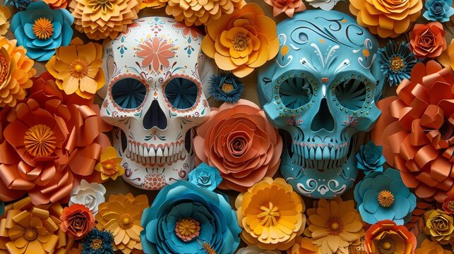 Two skulls are surrounded by flowers and leaves. The skulls are blue and orange. The image has a festive and colorful mood