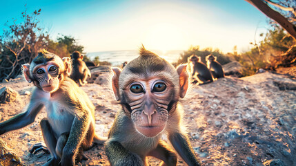 A group of monkeys are perched on top of a sandy beach, looking around and enjoying the view - obrazy, fototapety, plakaty