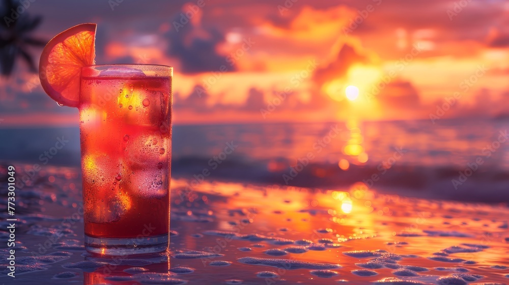 Poster a glass of red drink with an orange slice in it is on a table by the ocean. the drink is cold and re