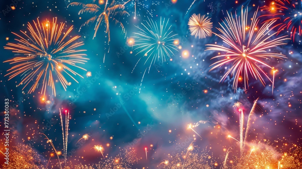Poster a fireworks display in the sky with a blue background. the fireworks are in different colors and are