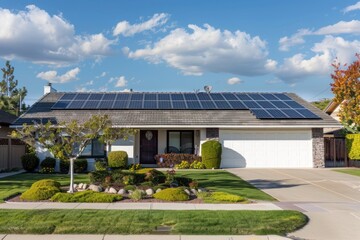Naklejka premium Modern single-story residential home with a solar panel installation on the roof. Eco friendly house. Renewable energy of green power.