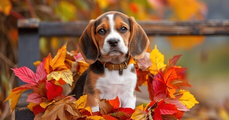 Beagle puppy with autumn leaf garland, capturing the essence of fall. 