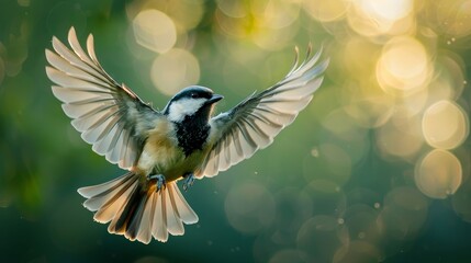 A bird with a black head and white wings is flying in the air. The bird is surrounded by a blurry background, which gives the image a dreamy, ethereal quality - obrazy, fototapety, plakaty