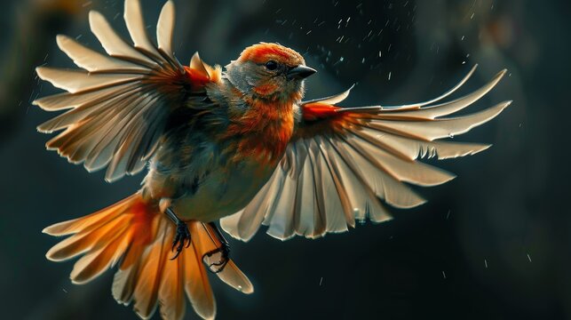 A bird with orange wings is flying in the air. The bird is in the middle of its flight, and its wings are spread wide. The image has a sense of freedom and movement, as the bird soars through the sky