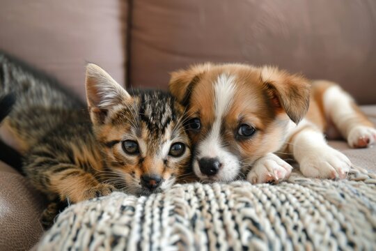 kitten cat and a little puppy together on the couch