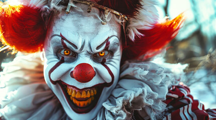 Fiery Gaze: The Haunting Close-up of a Malevolent Clown With Crimson Locks