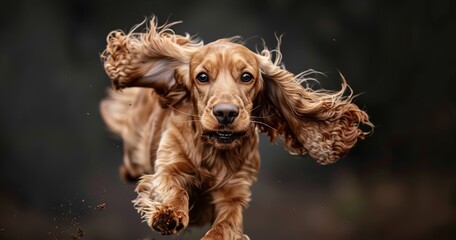 Cocker Spaniel with glossy fur, ears gently fluttering, in a joyful leap, capturing movement and joy. - obrazy, fototapety, plakaty